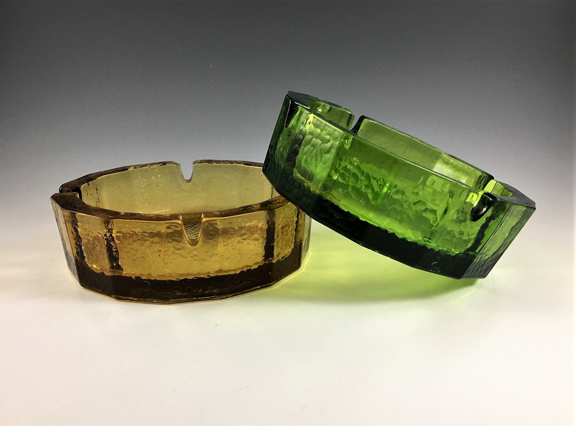 Set of 2 Vintage Glass Ashtrays Block Design Amber and Green