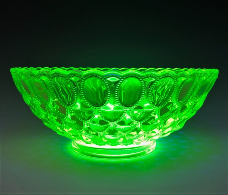 Mosser Vaseline Glass Bowl Elizabeth Pattern Beaded Oval Etsy
