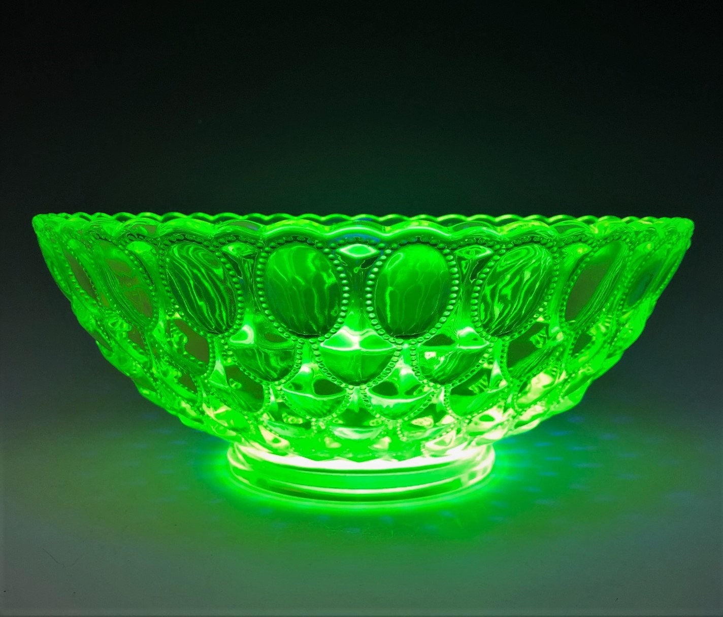 Mosser Vaseline Glass Bowl Elizabeth Pattern Beaded Oval Etsy