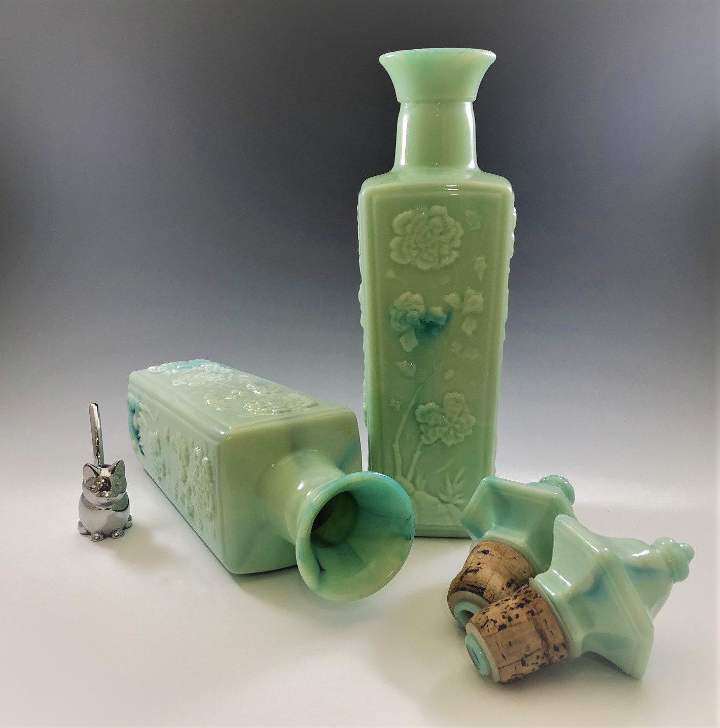 Set of 2 Vintage Jim Beam Green Slag Glass Liquor Decanters/Bottles