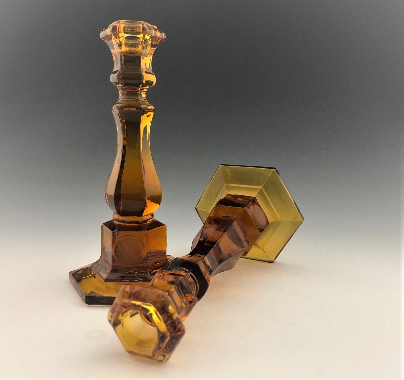 Fostoria Coin Amber Set of Two Candlesticks Vintage Amber Glass
