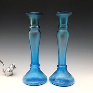 Diamond Glass Blown Candlesticks - Iridescent Stretch Glass - Harding Blue - Set of 2
