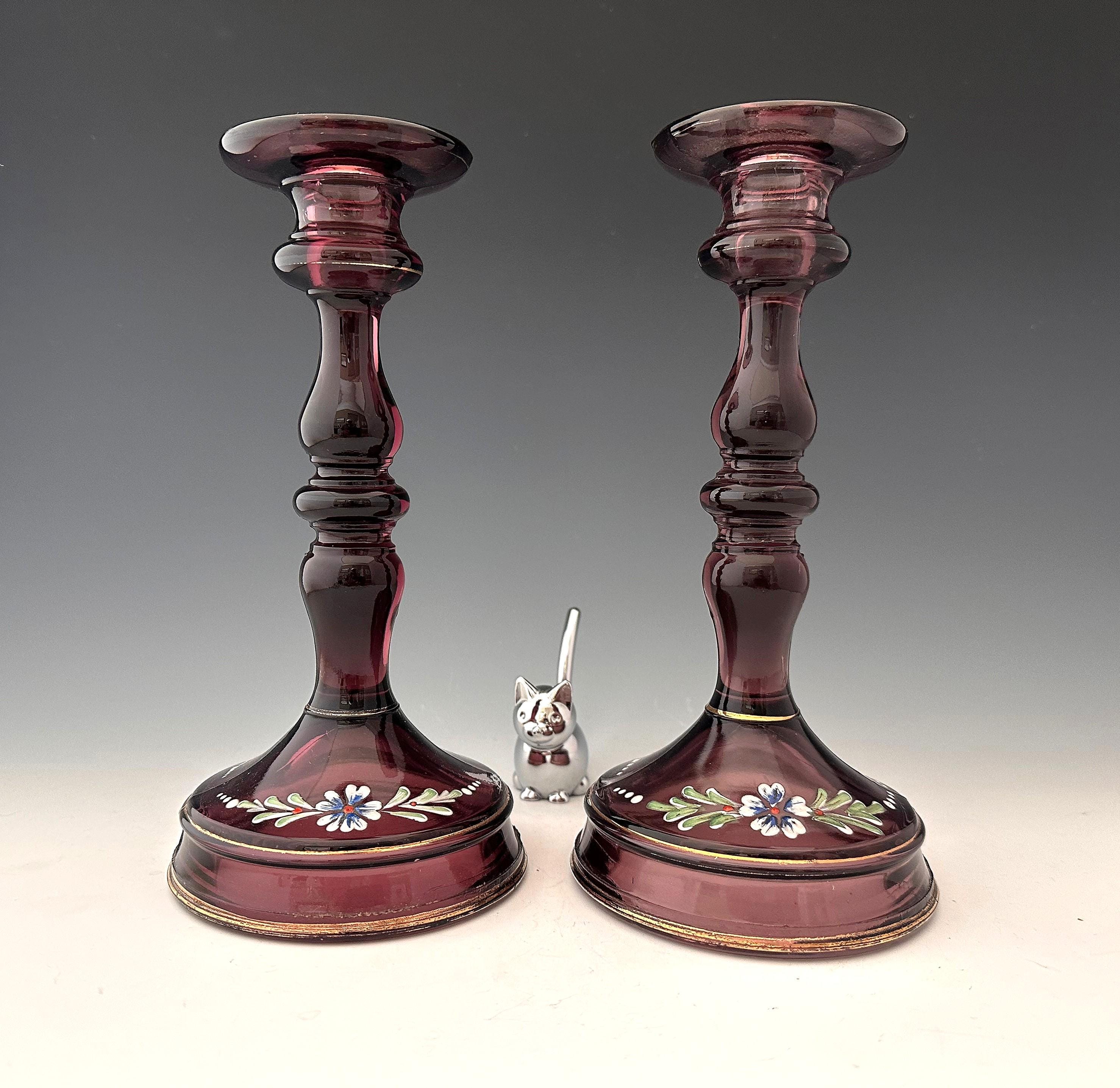 Paire De Bougeoirs Ou Vases Décoratifs – Peints Main Noir, Fleurs Et Or – Occasion