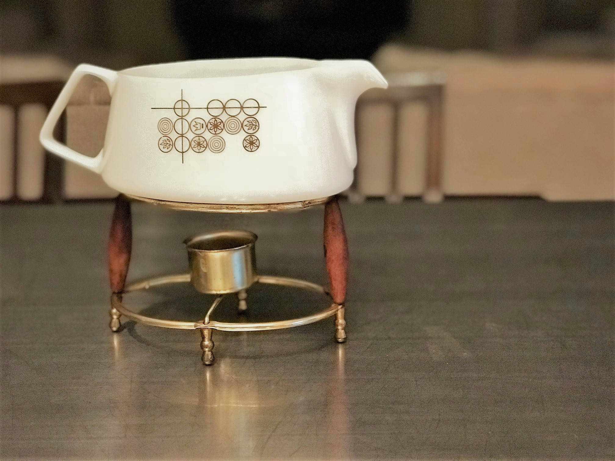 MCM Ceramic Gravy Boat and Warming Stand Wood and Brass Toned Finish