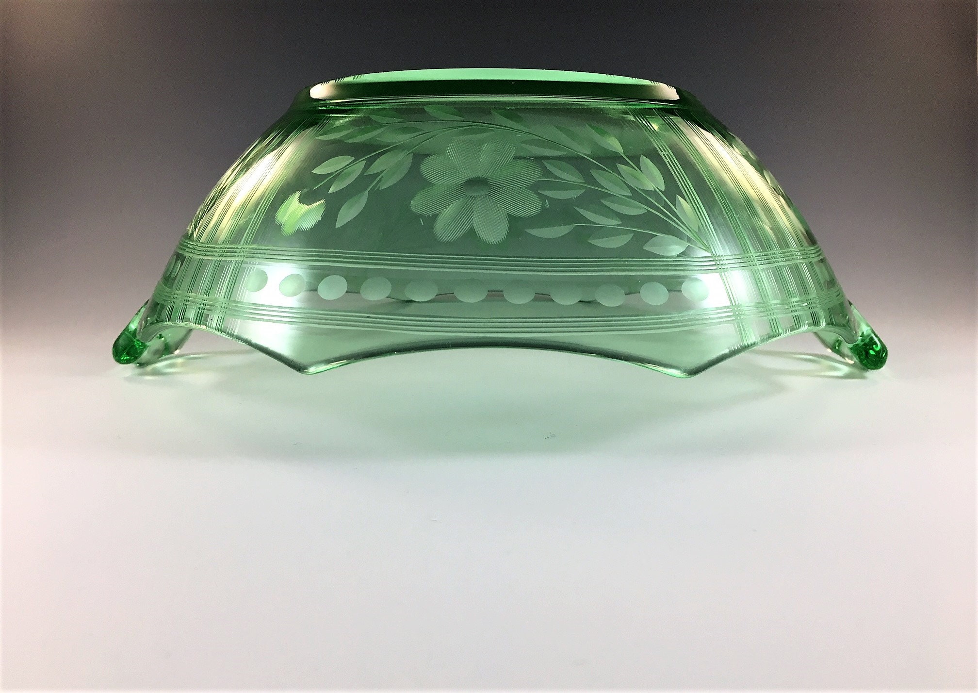Green Depression Glass Bowl - 10 Inch Handled Bowl ...