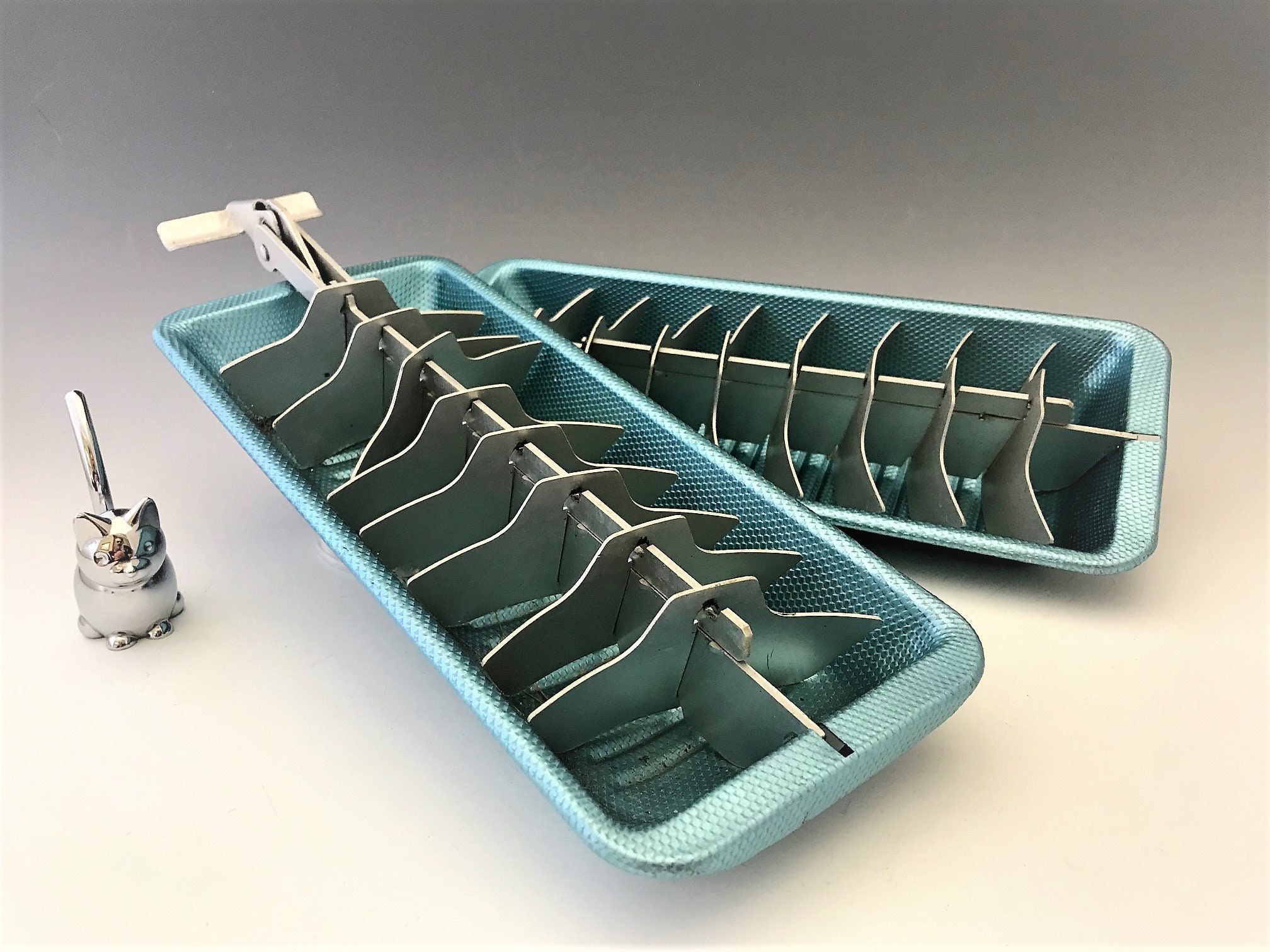 Set of 2 Vintage Aluminum Ice Cube Trays Retro Kitchen and Bar