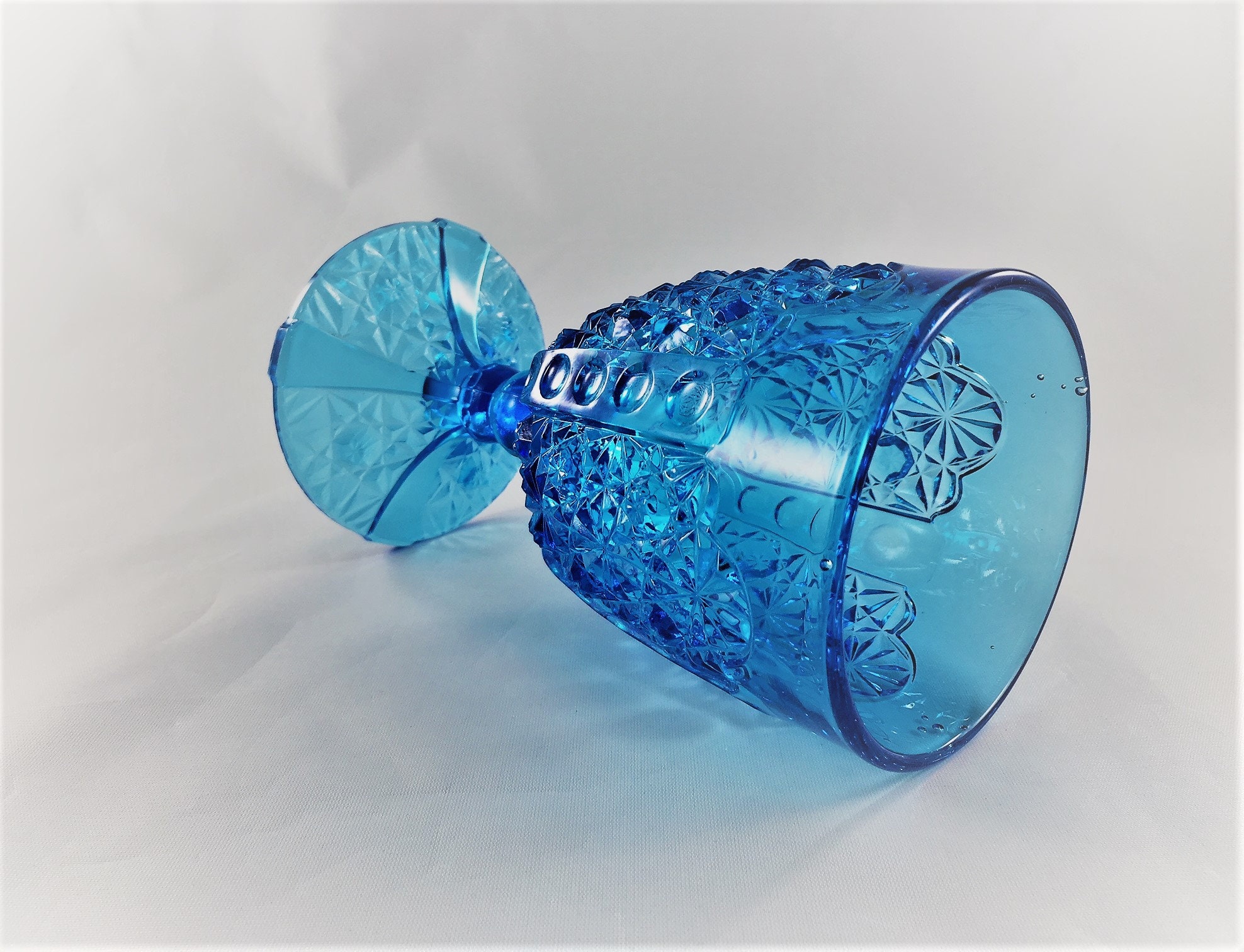 Sapphire Blue Daisy and Button Goblets Vintage Blue Wine Glasses