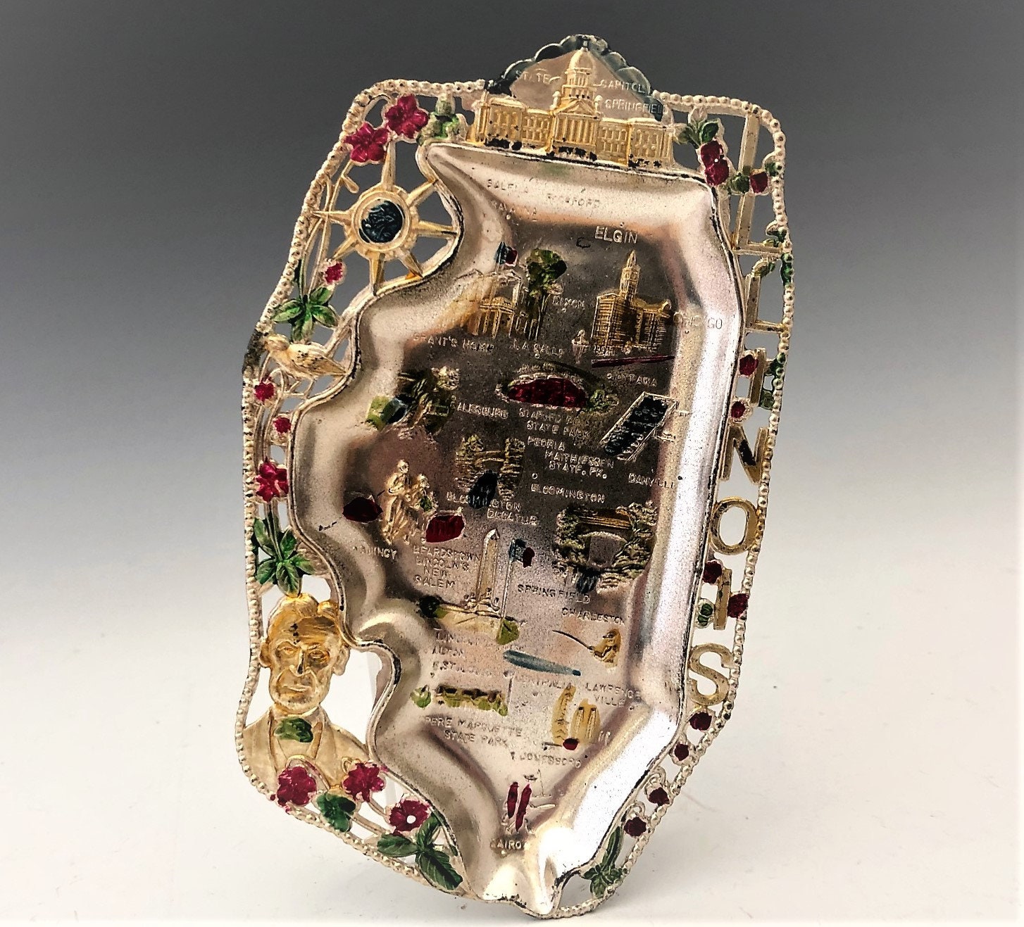 Collection of 6 State Tourist Ashtrays 1950's Metal Souvenir Ashtrays