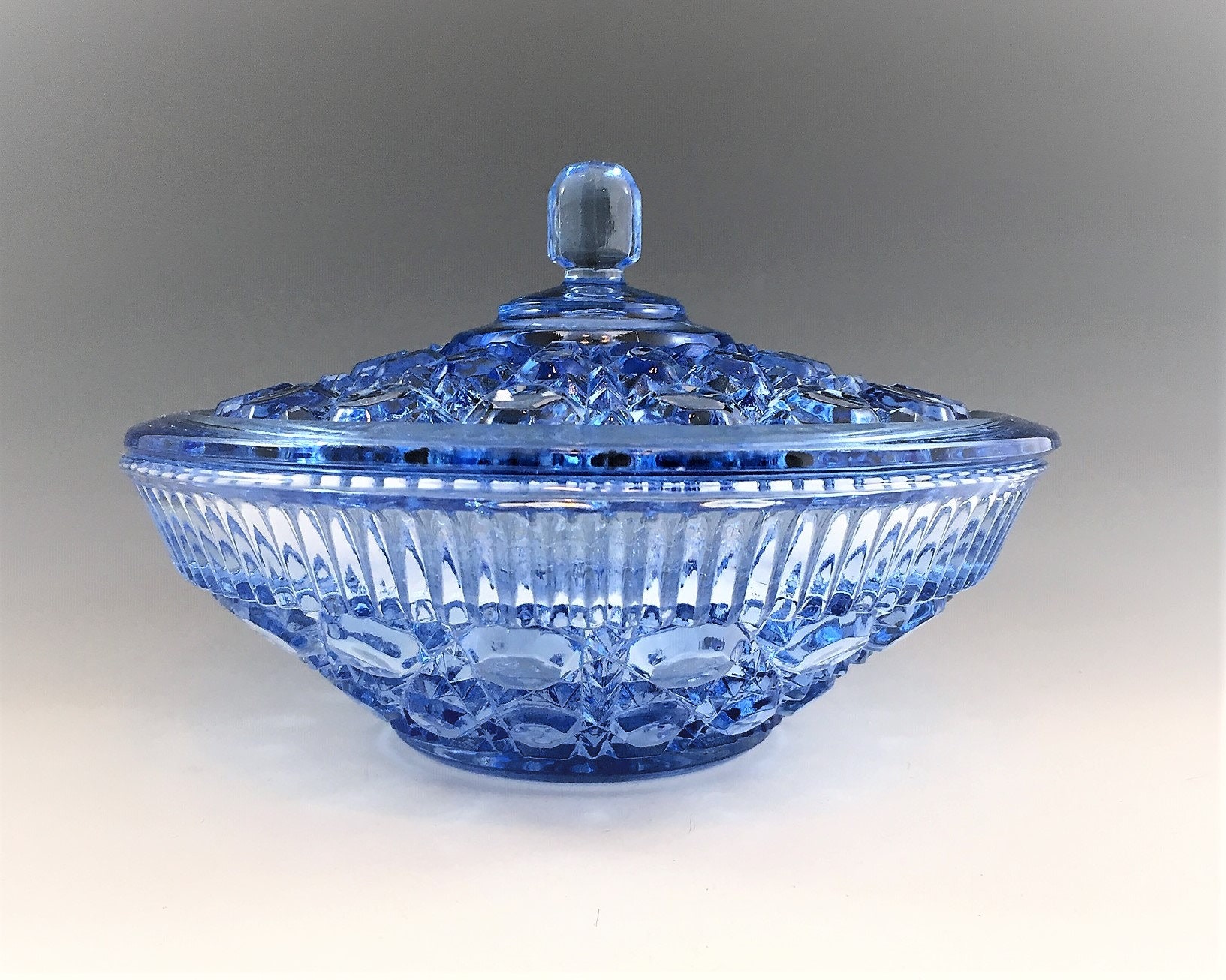 Indiana Glass Covered Candy Dish Windsor Pattern Blue Glass Candy Bowl