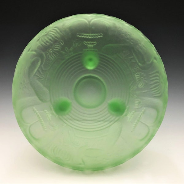 Rare Northwood Peacock at the Fountain Rolled Edge Console Bowl - Green Satin - Antique Glass