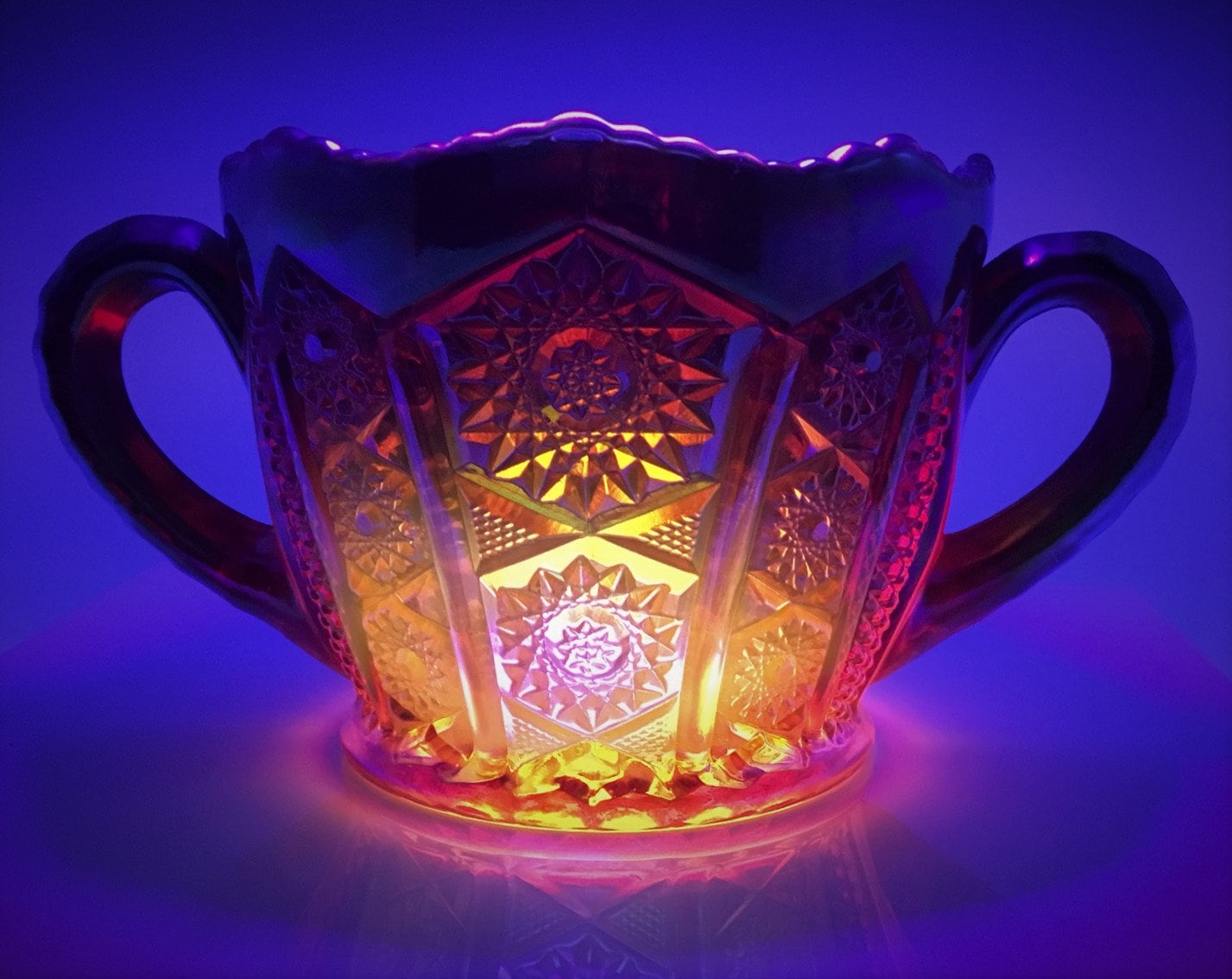 Amberina Glass Over Sized Sugar Bowl Indiana Carnival Glass