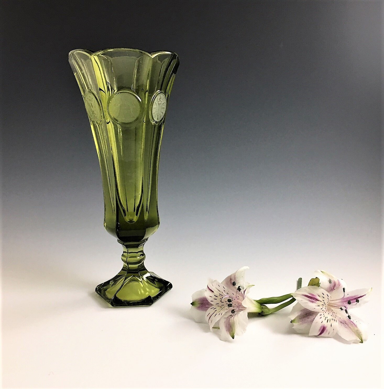 Fostoria Coin Glass Olive Green Bud Vase 8 Inch Flower Vase