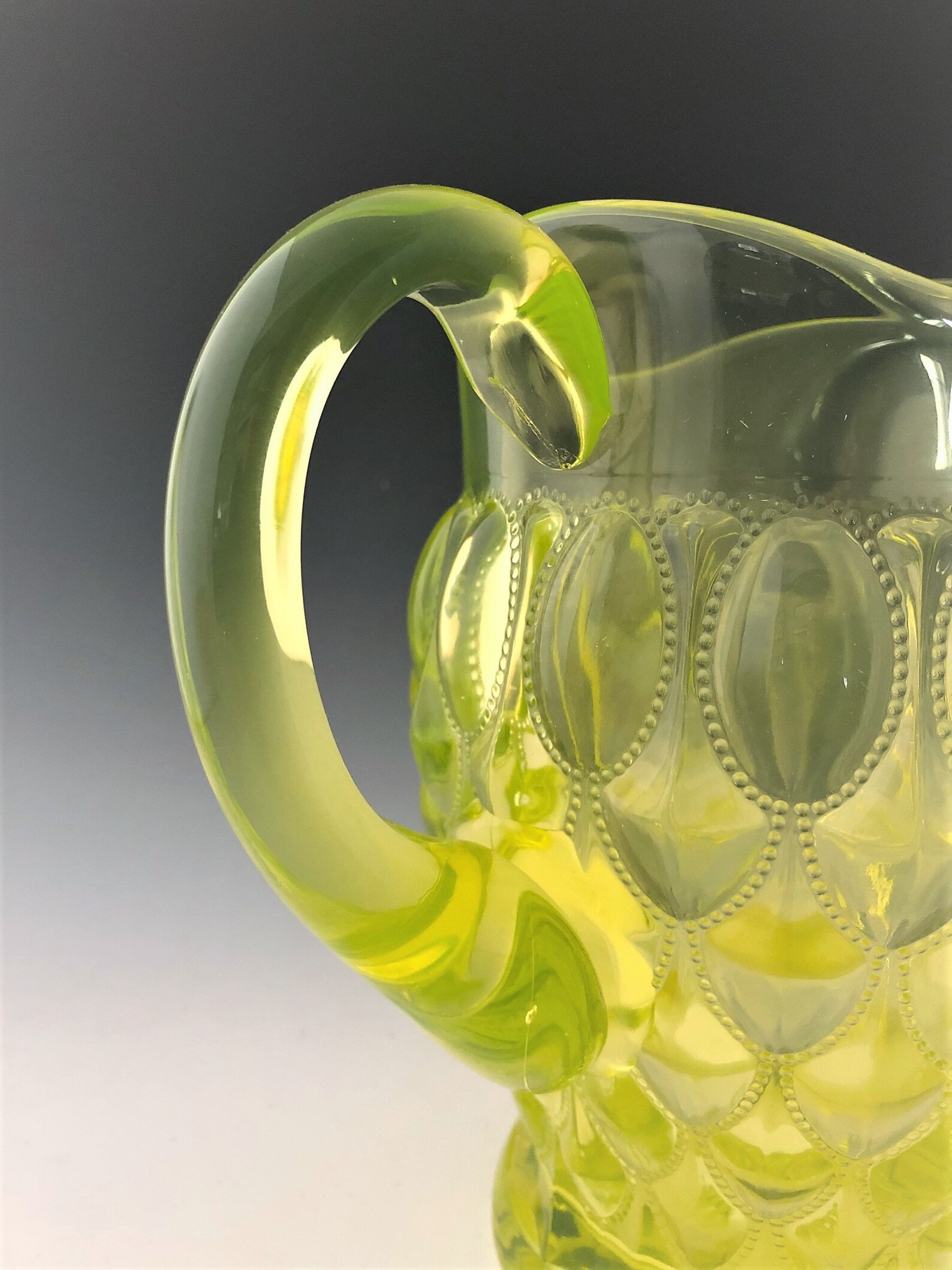 Mosser Vaseline Glass Pitcher Elizabeth Pattern Beaded Etsy