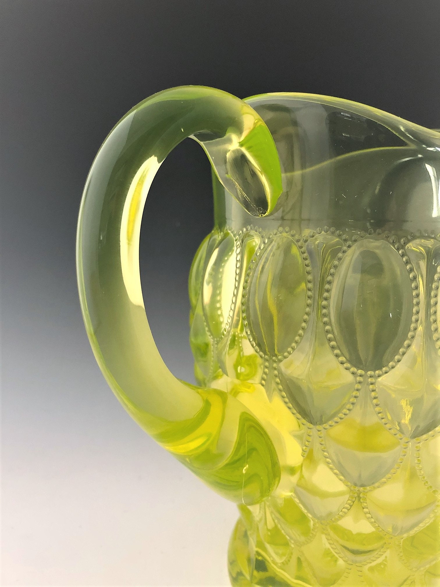 Mosser Vaseline Glass Pitcher Elizabeth Pattern Beaded Etsy