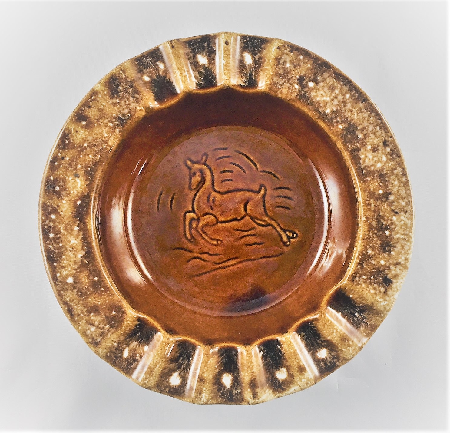 Vintage Brown Drip Glaze Ashtray Hull Pottery Ceramic Deer Ashtray