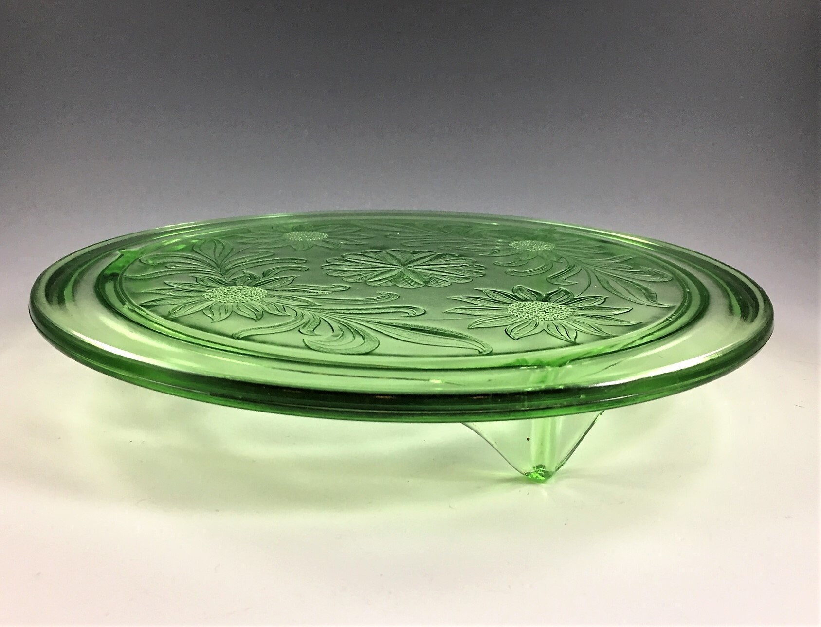 Vintage Green Glass Footed Cake Plate With Sunflower