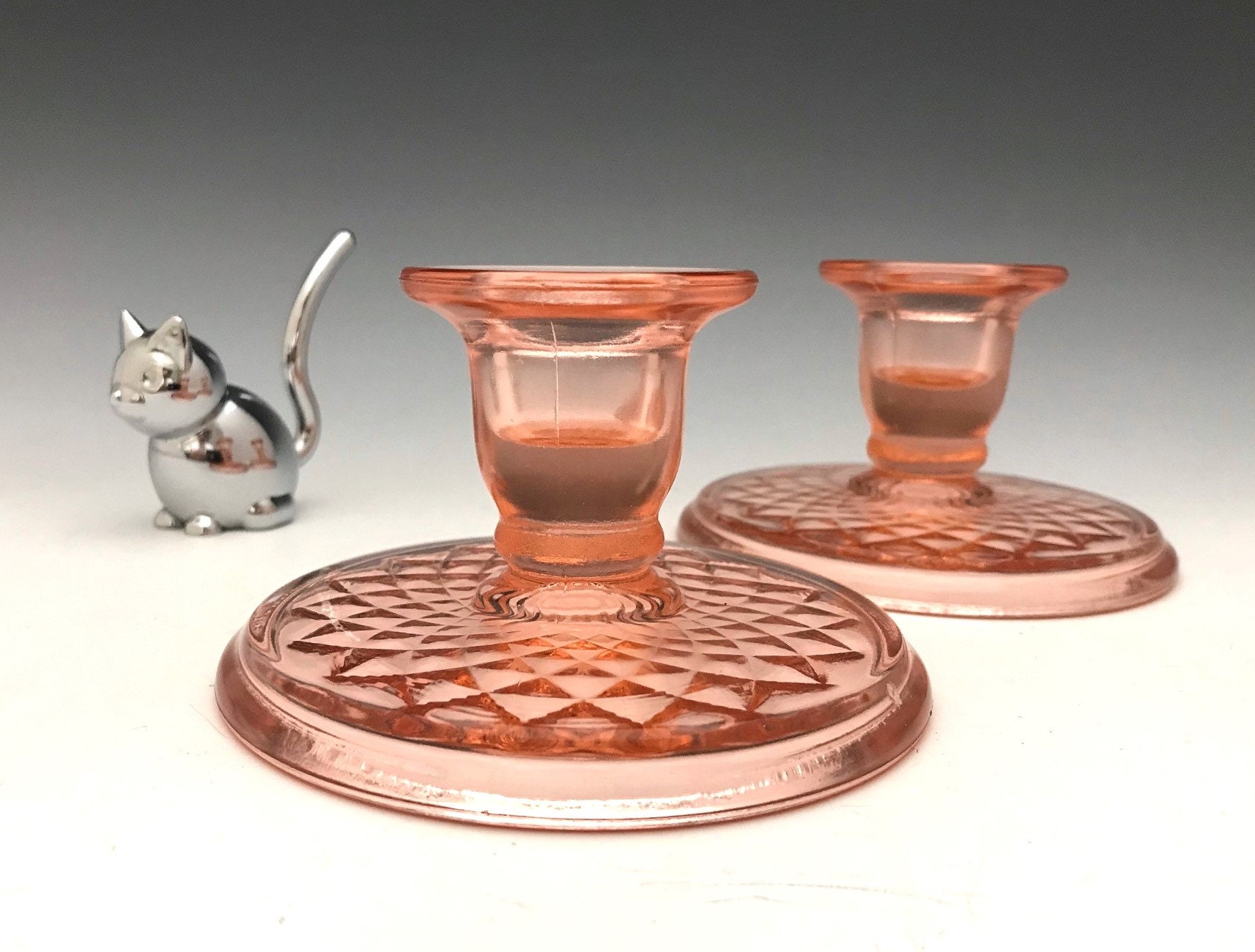 Imperial Diamond Quilted Candle Holder Pink Depression Glass Etsy