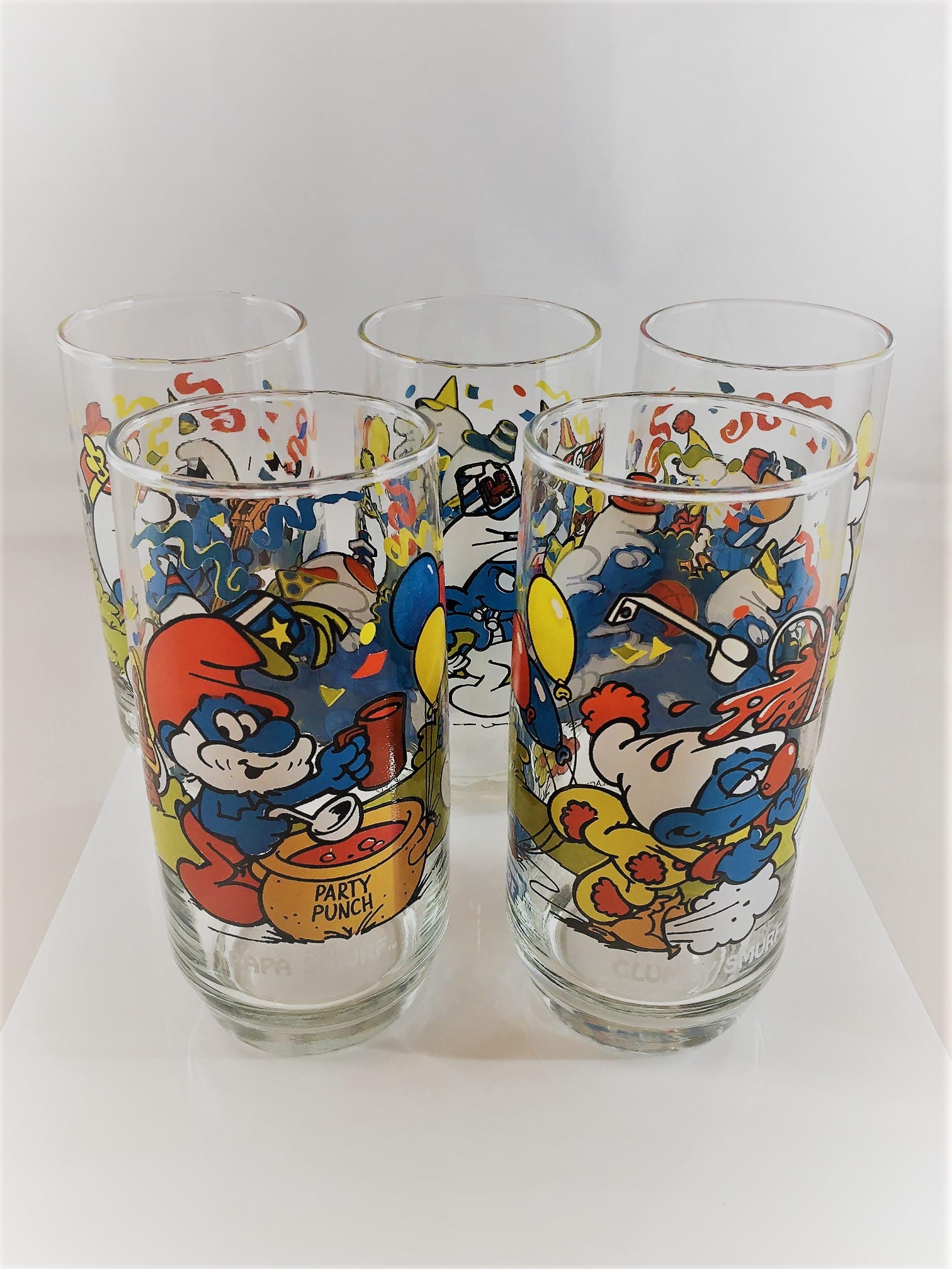 Collection of 5 Vintage Smurf Glasses 1980s Glassware Papa Smurf