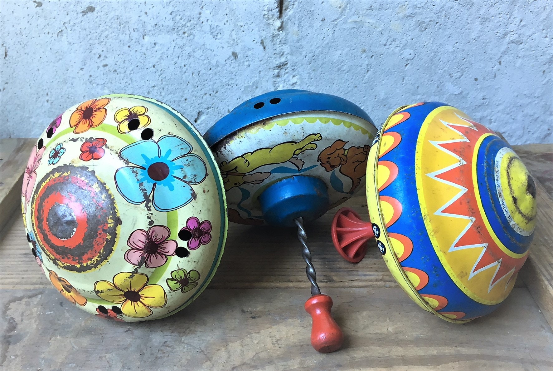 Collection of 5 Vintage Metal Toy Tops - Spinning Tops - Colorful Playthings