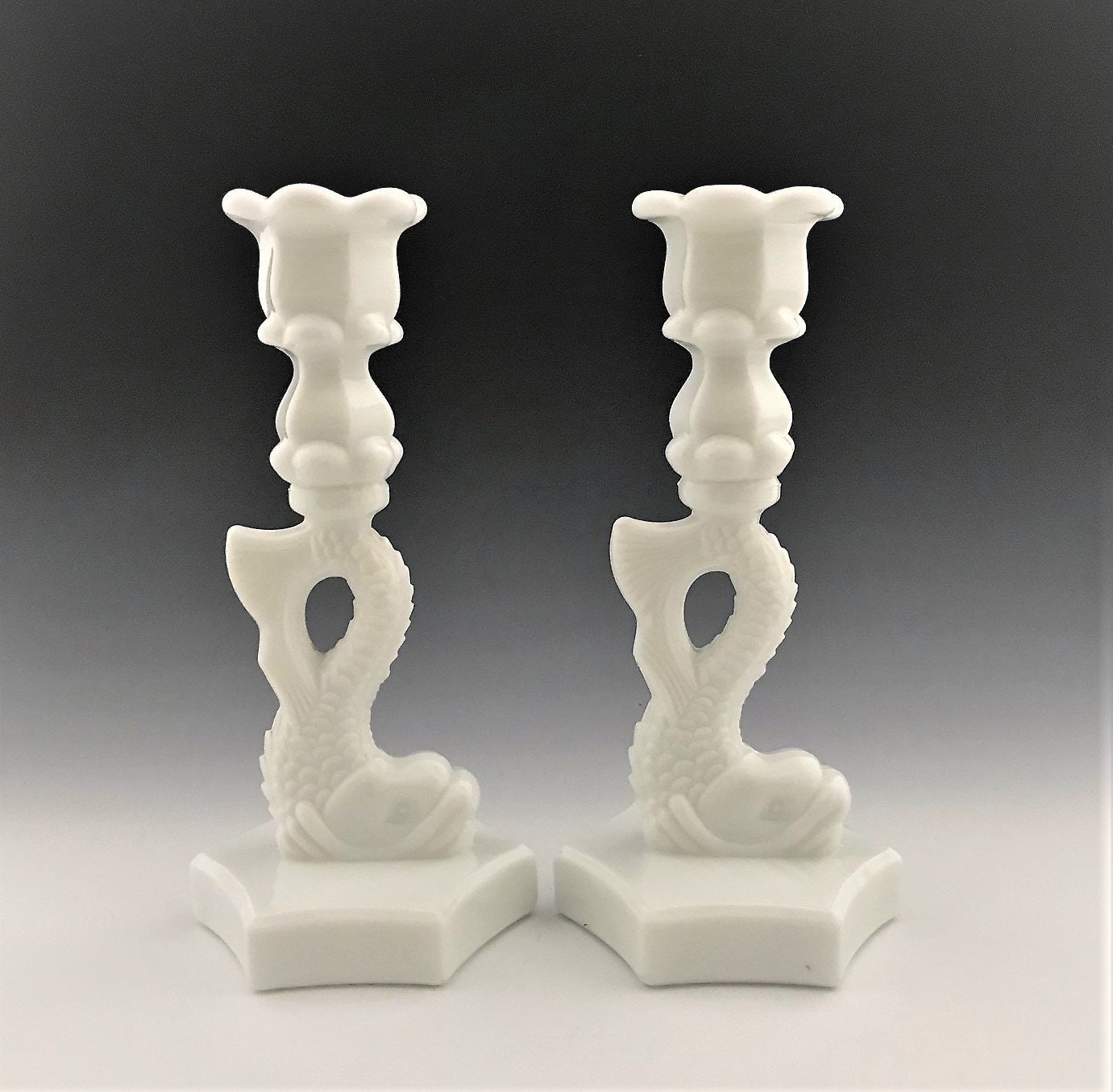 Westmoreland Milk Glass Dolphin Candlesticks Set of Two