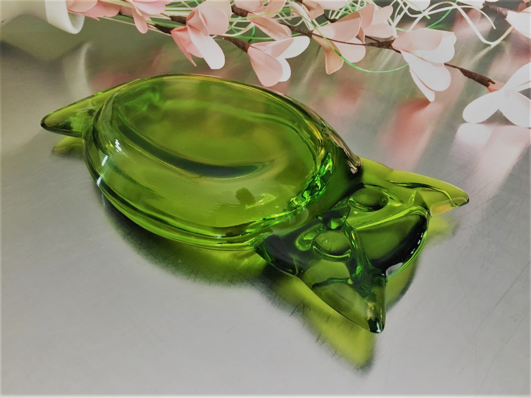 Viking Glass USA Green Owl Ashtray Mid Century Modern Owl Trinket Dish