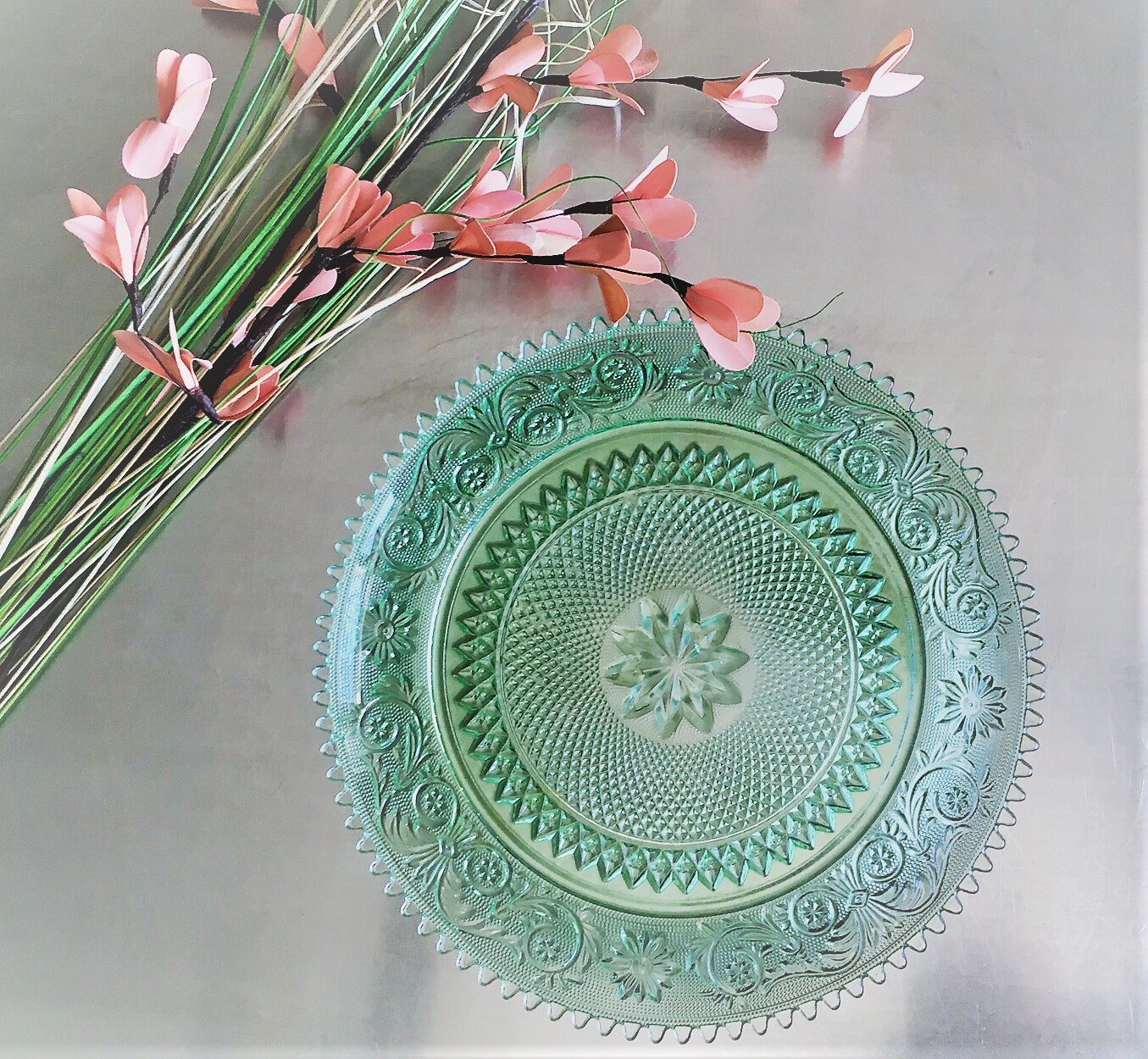 Tiara Glass Cake Plate Sandwich Light Green Torte Plate Chantilly