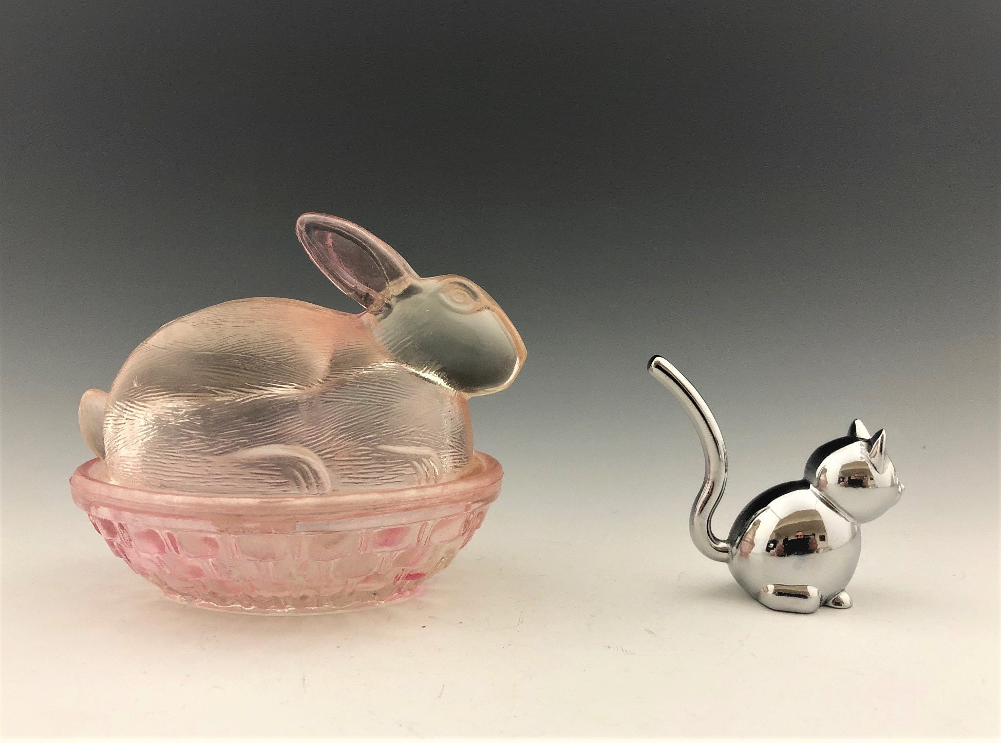 Set of Three Rabbits On Nest Bunny Covered Candy Dishes Glass