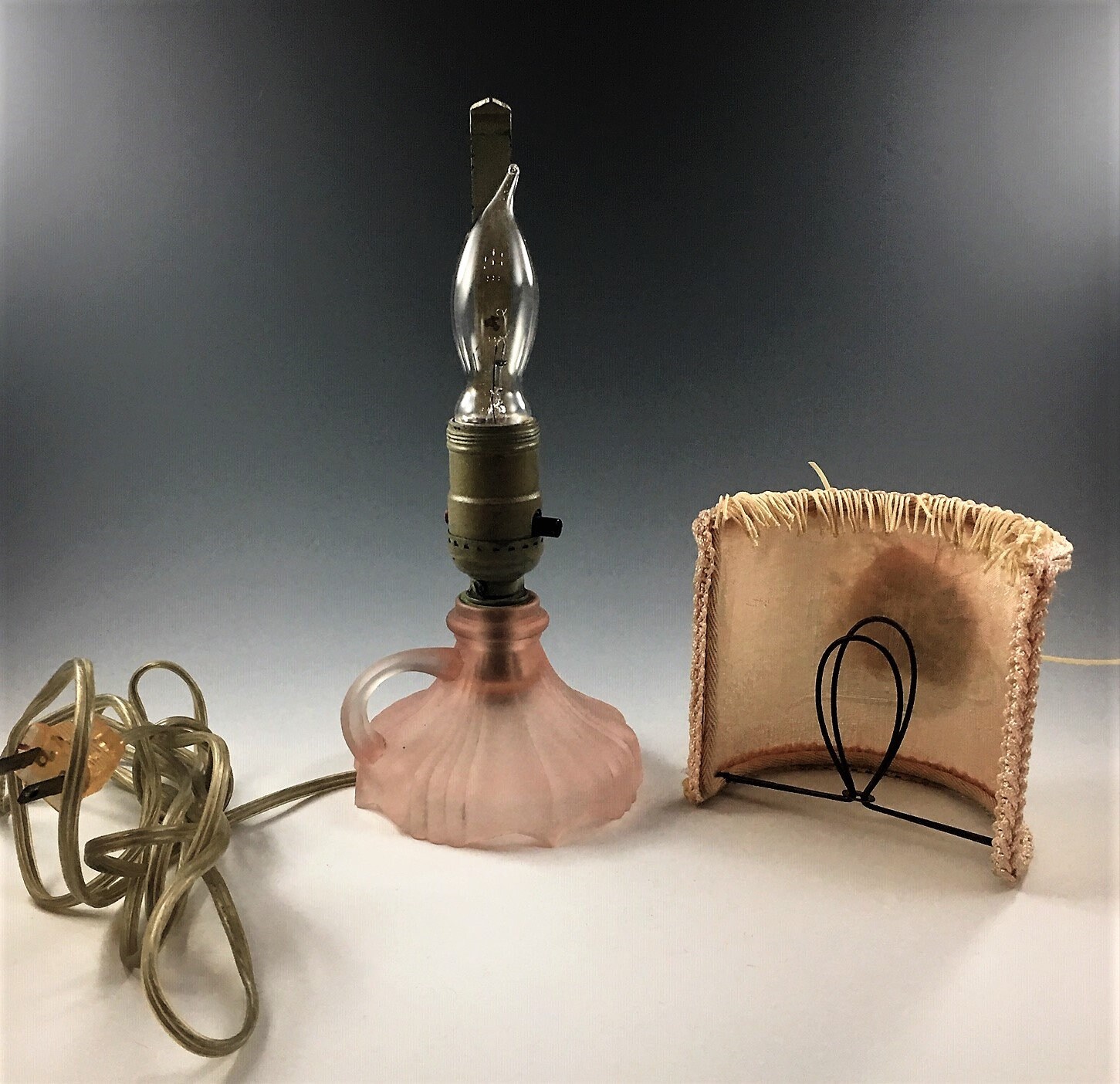 Vintage Electric Lamp With Pink Glass Base and Victorian Style Shade