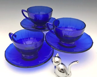 New Martinsville's Line #34 Cobalt Blue Cups and Saucers - 3 Sets