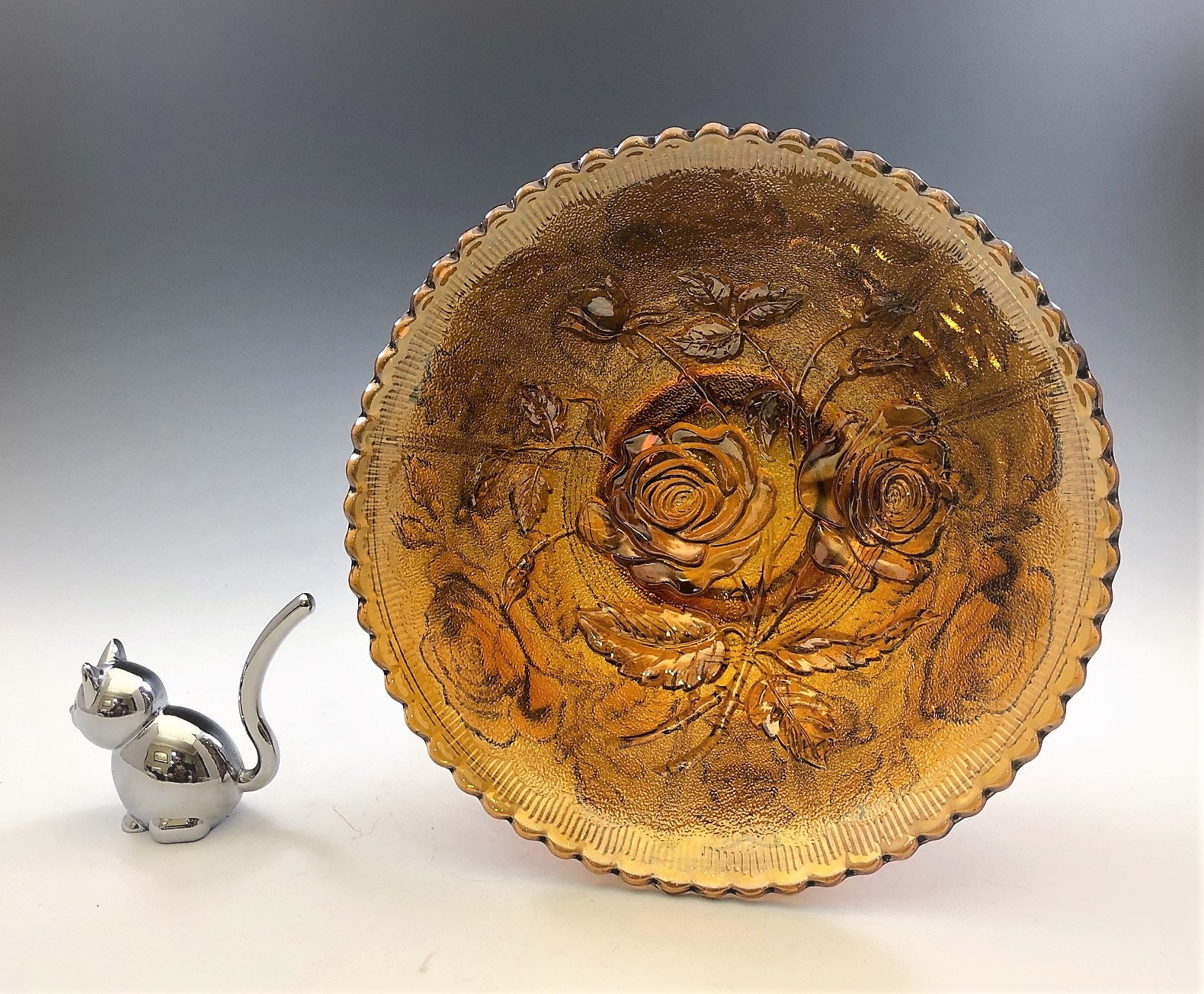 Imperial Glass Open Rose Pattern Vintage Amber Carnival Glass Bowl Lustre Rose