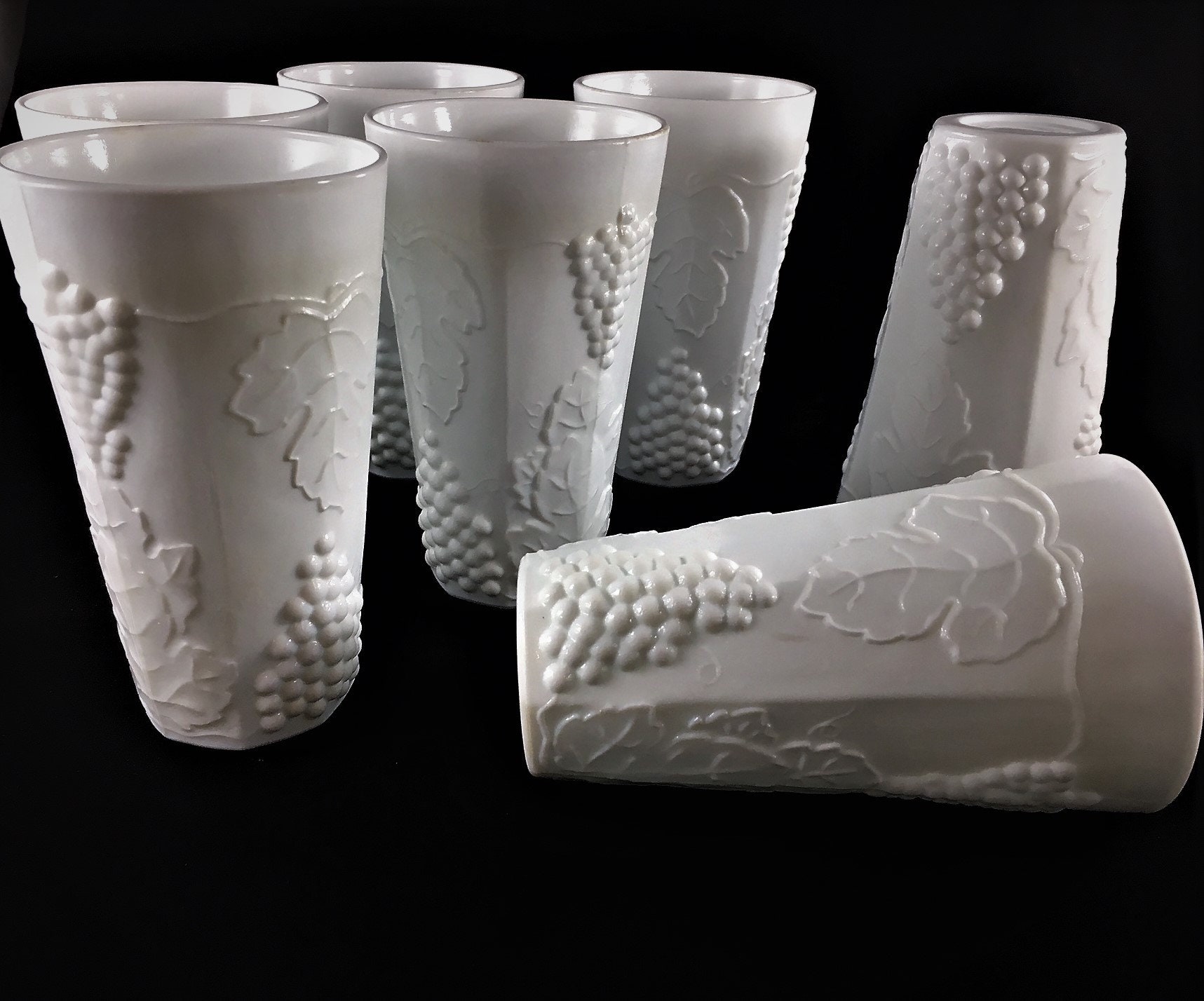 Set of 7 Vintage Milk Glass Tumblers Colony Harvest Pattern 14 Ounce Coolers