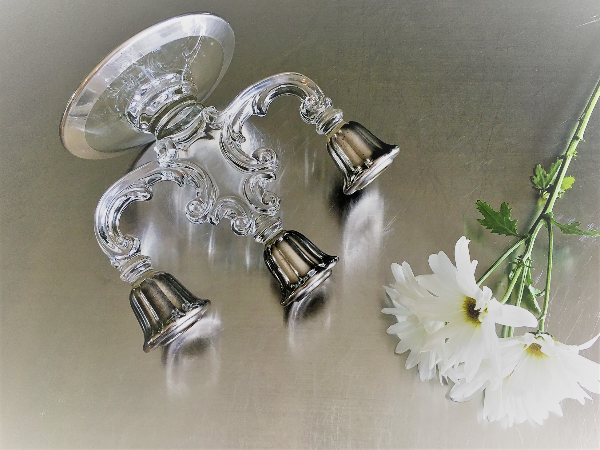 Fostoria Three Light Glass Candle Holder Vintage Candelabra Silver