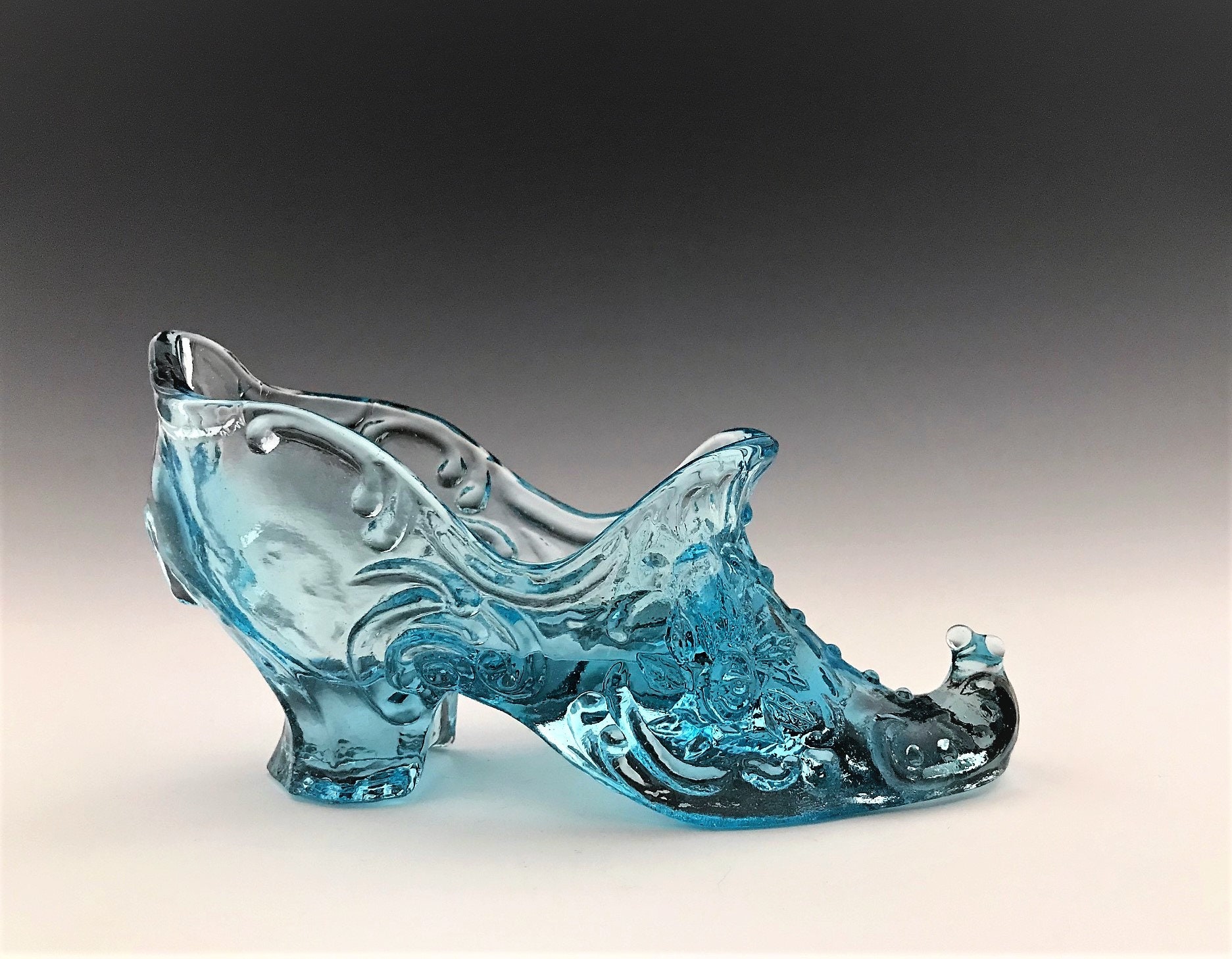 Mosser Glass Slipper Victorian Rose Pattern 117 Aqua Blue Curled