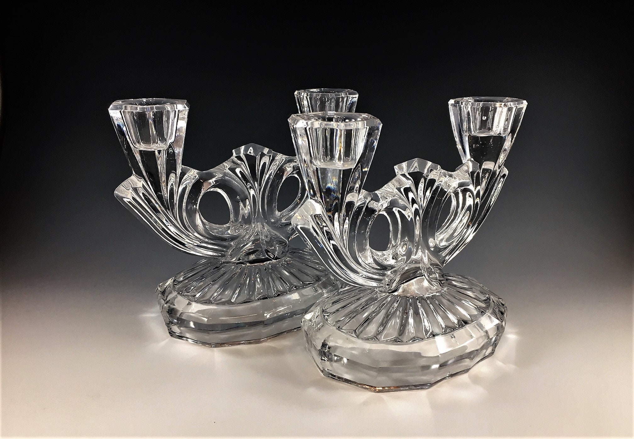 Set Of 2 Vintage Elegant Two Light Lead Crystal Candlestick Holders Double Peek Hole Design Holiday Dark Chasers