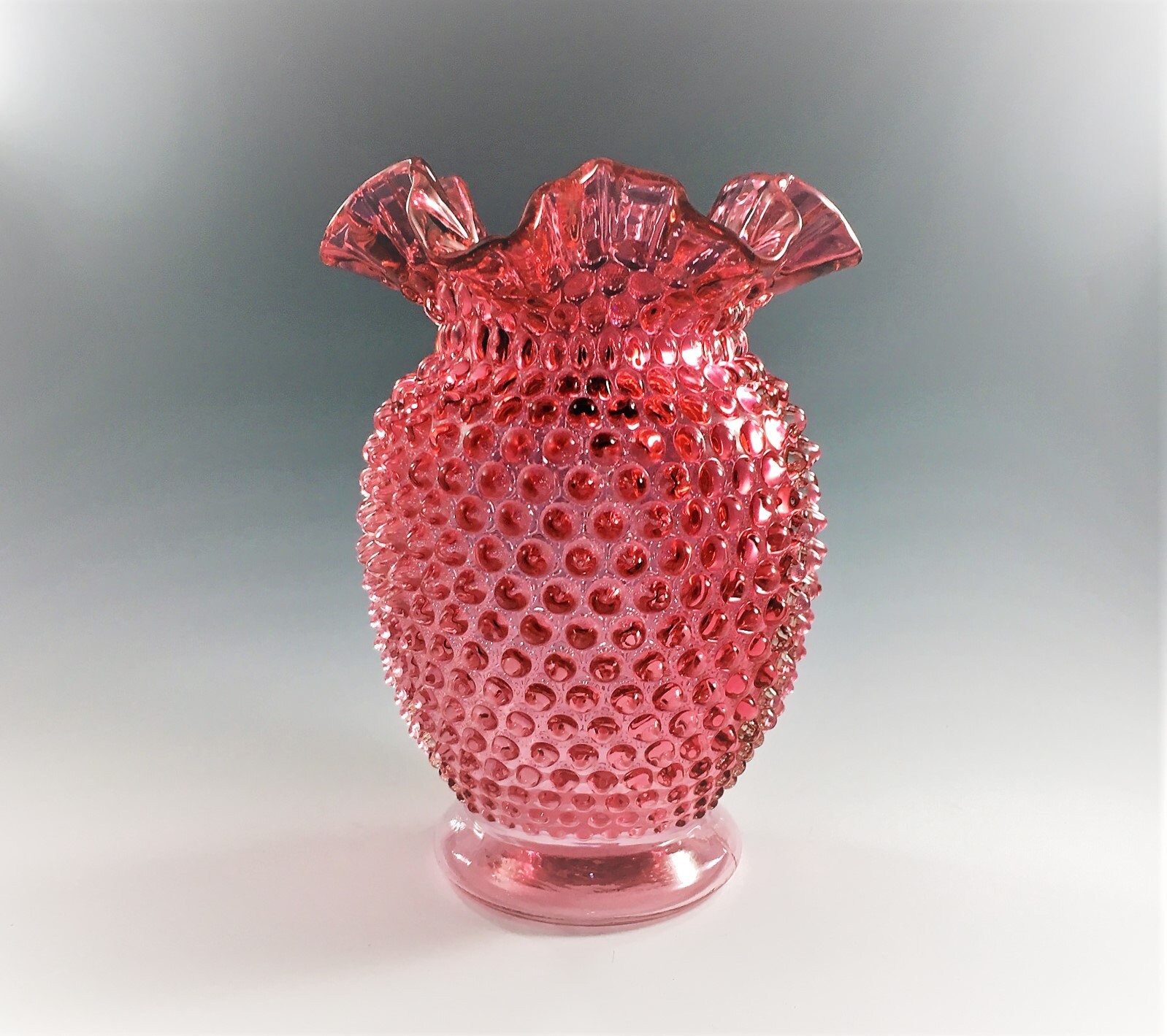 Fenton Ruby Overlay Hobnail Vase Double Crimped Vase 8 Inch Vase