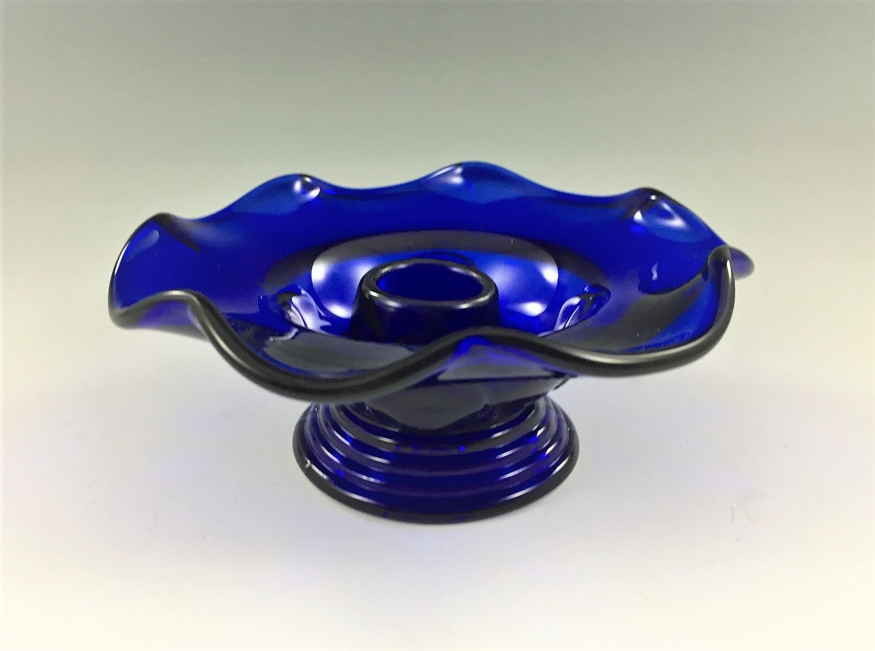 New Martinsville No. 37 Candle Bowl Moondrops Pattern Crimped Version Ritz Blue