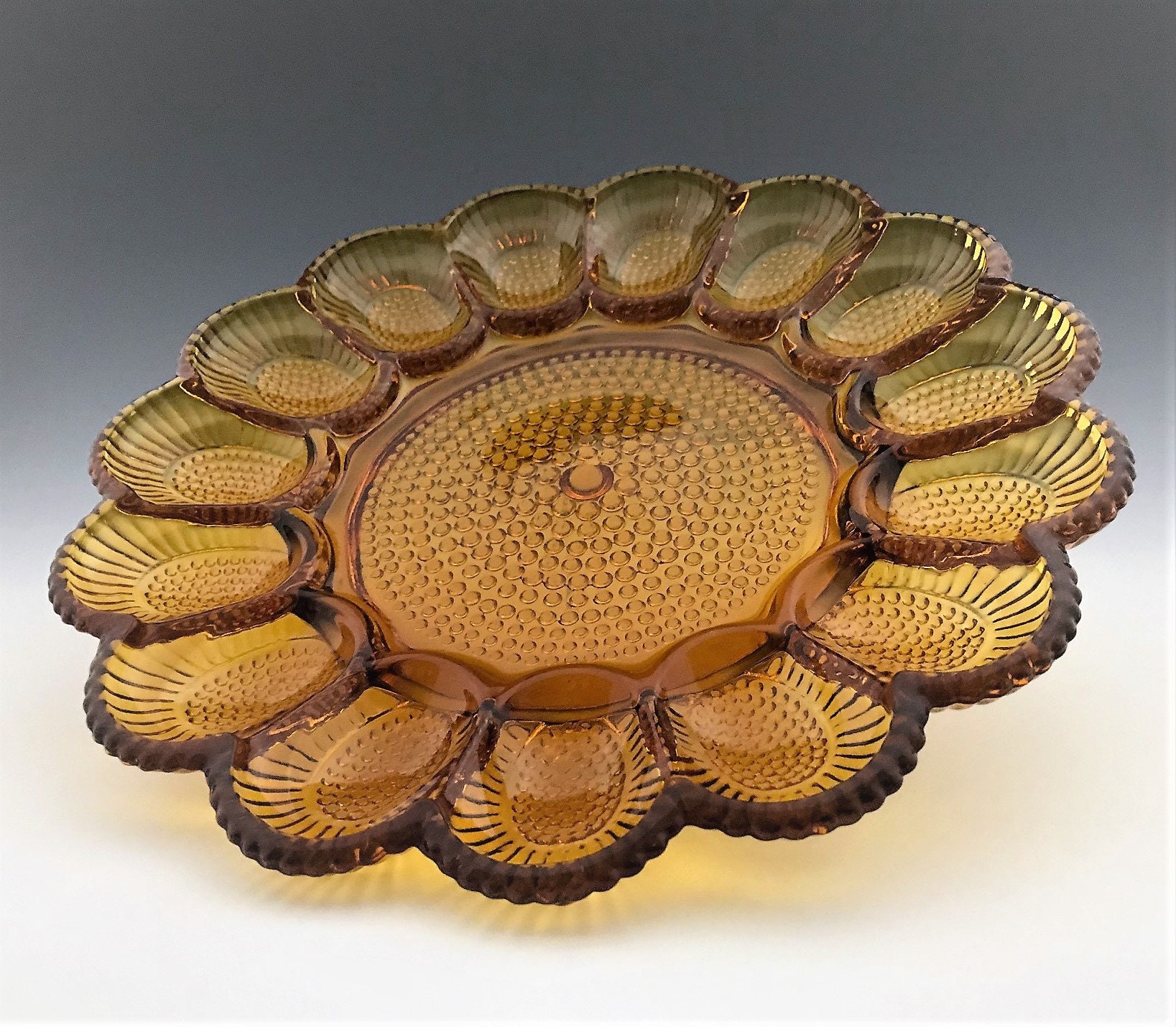 Amber Hobnail Deviled Egg Dish Indiana Glass Thousand Eyes Pattern