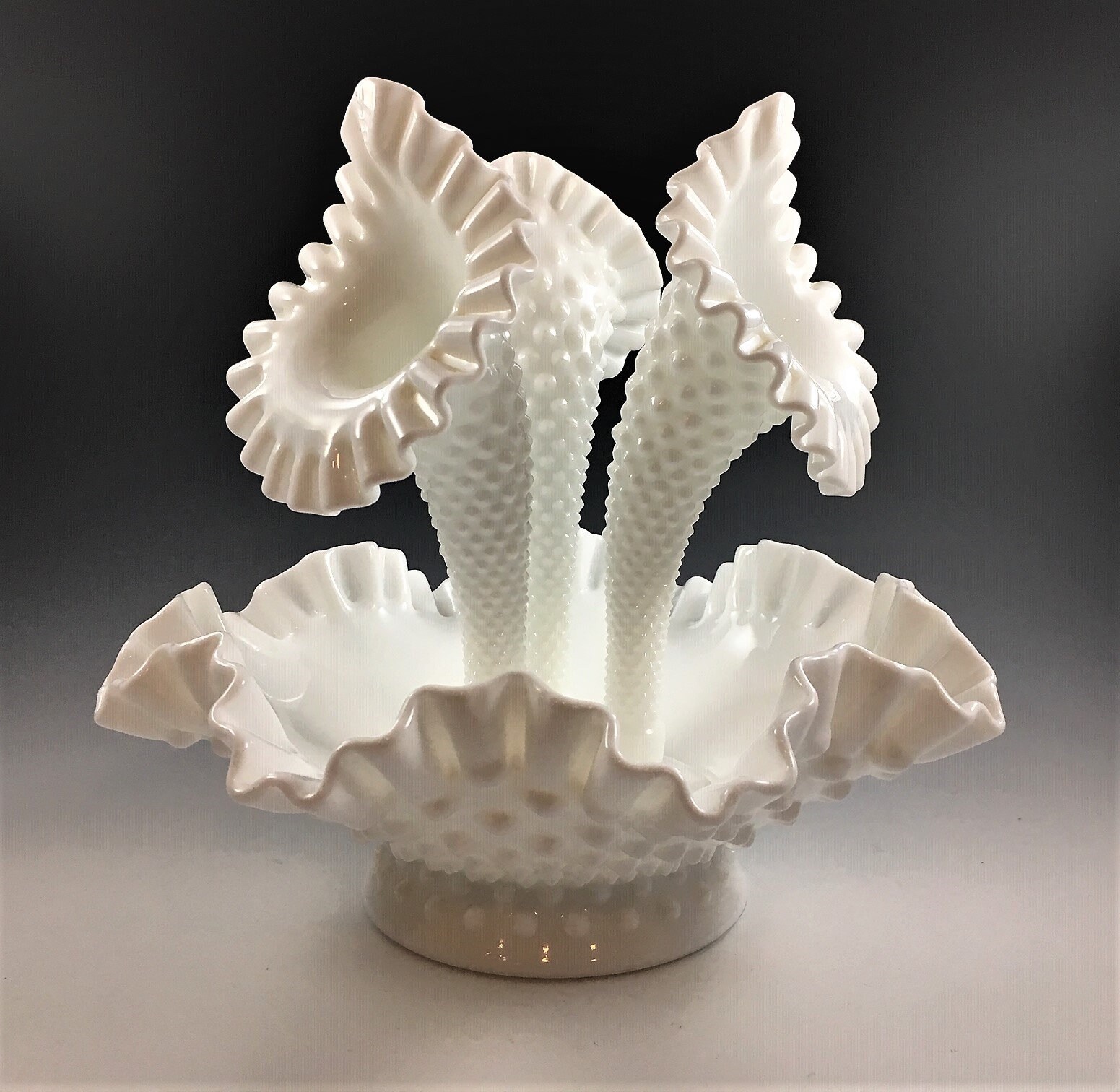 Fenton Milk Glass Four Part Epergne Hobnail Pattern Three Horn