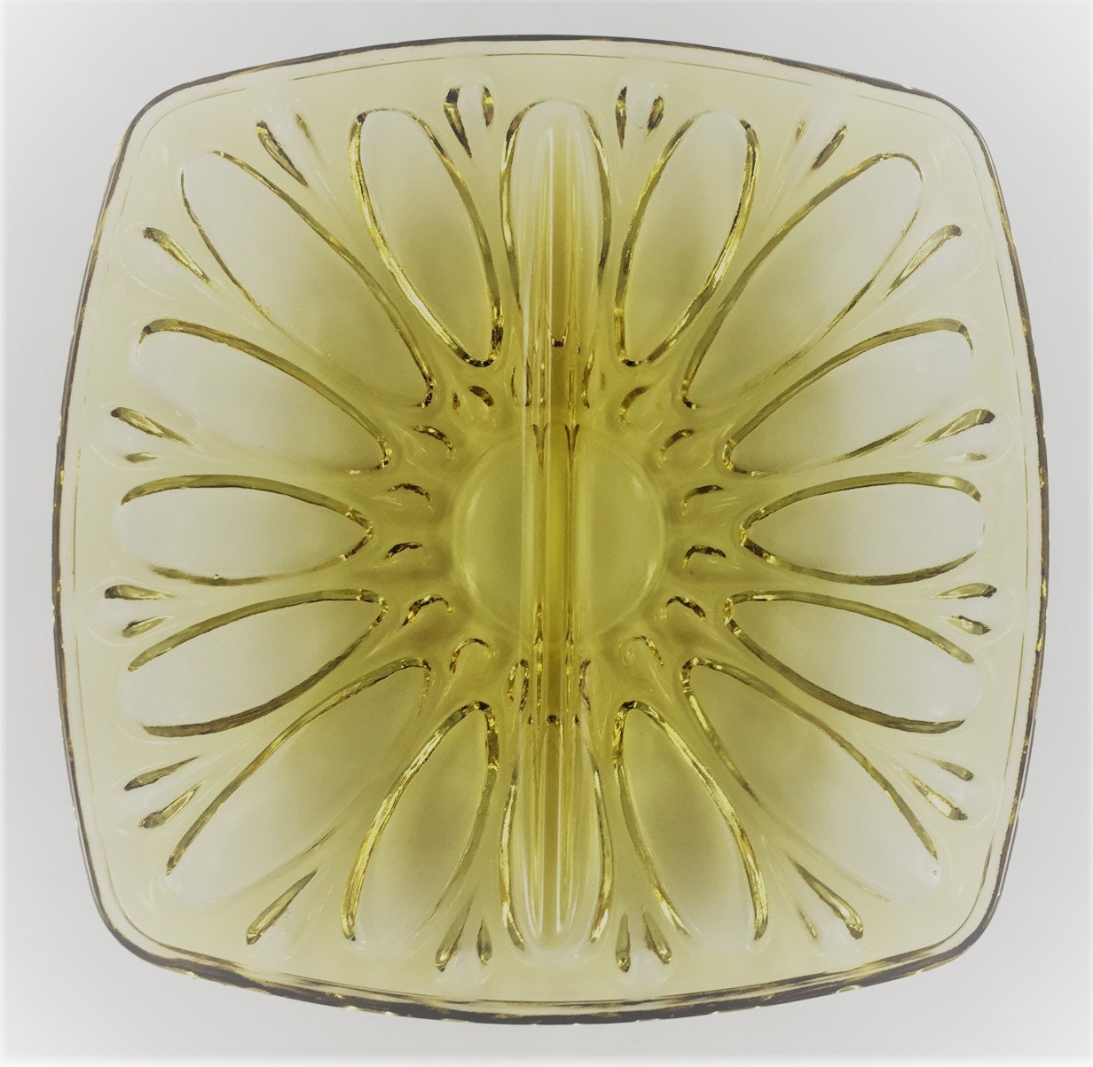 Set of Two Topaz Divided Dishes Unique Yellow Glass Dishes Vintage