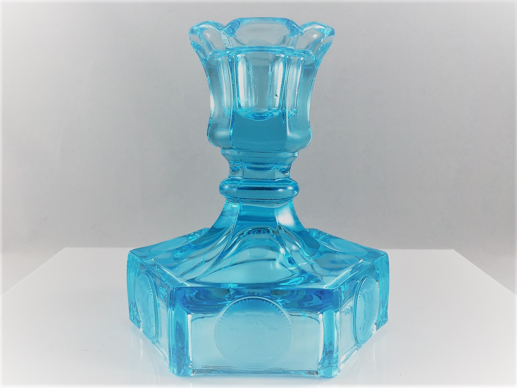 Vintage Fostoria Candle Holder Coin Glass Light Blue
