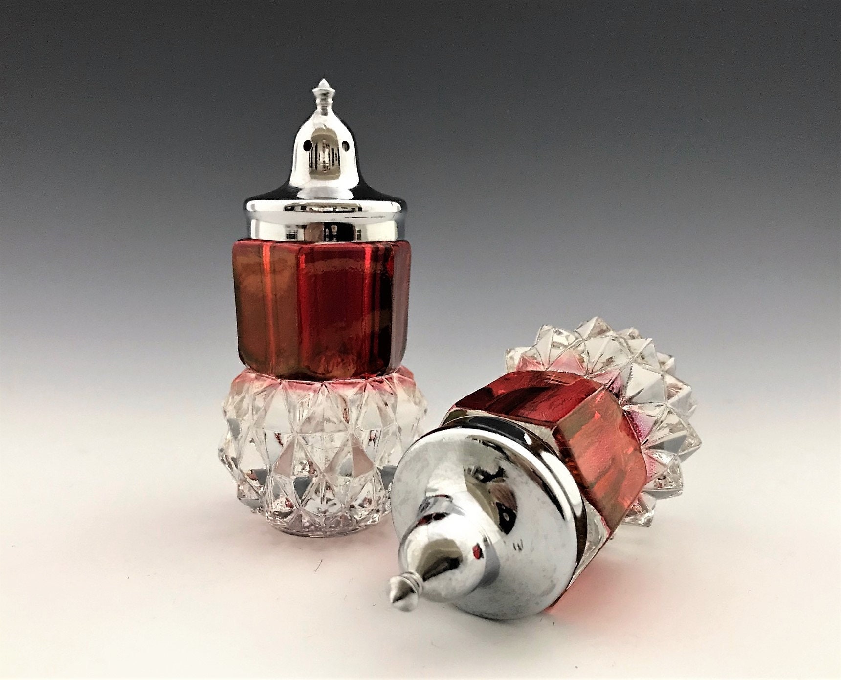 Indiana Glass Diamond Point Salt and Pepper Shakers Red Stain