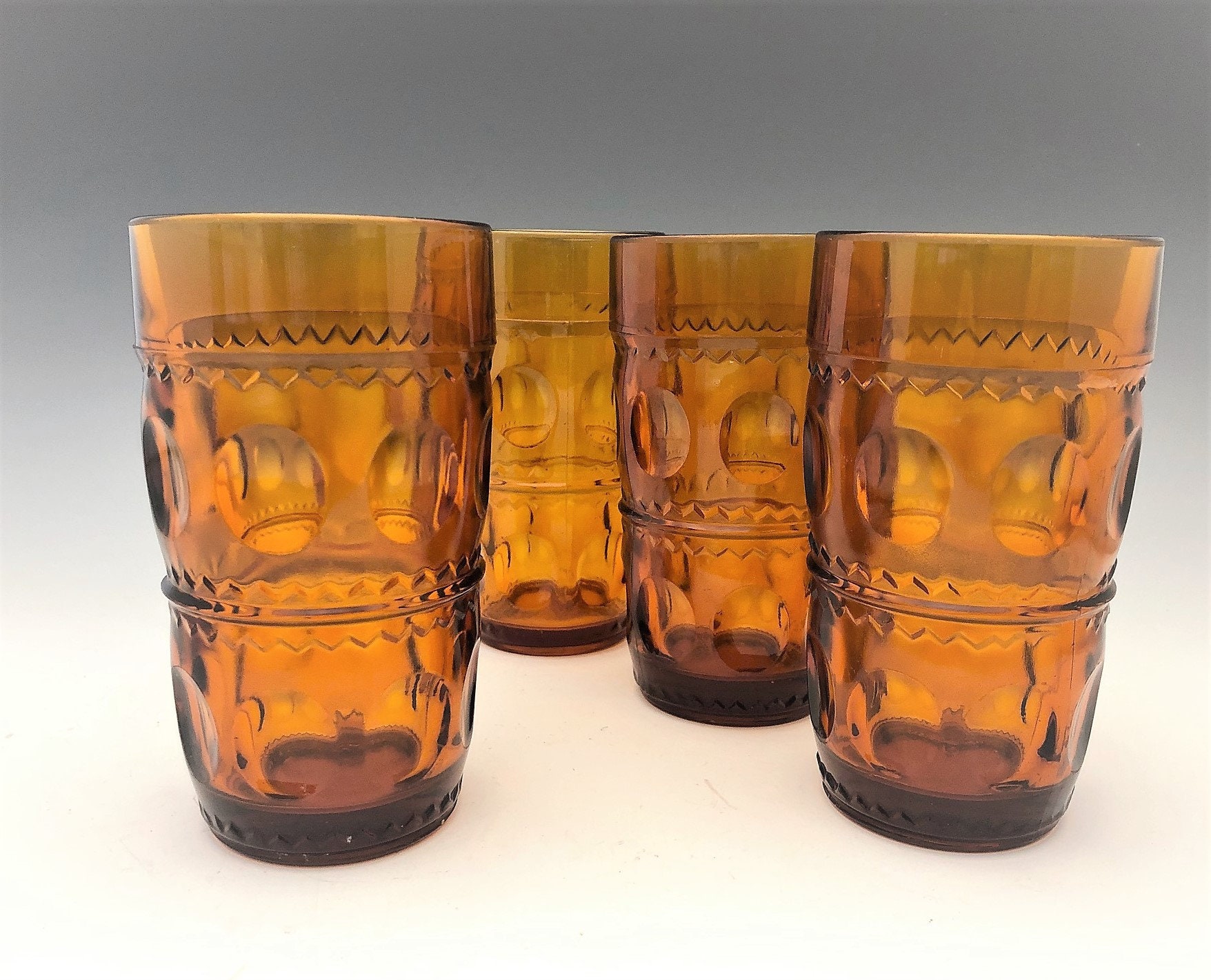 Set of 4 Indiana Glass King's Crown Tumblers Vintage Amber Glass