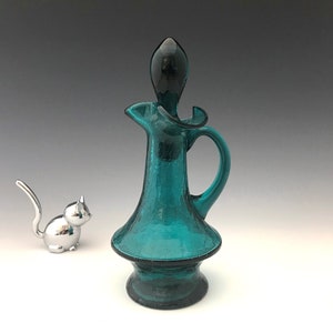 Rainbow Glass Blue Crackle Cruet With Stopper - Mid-Century Blue Crackle Glass