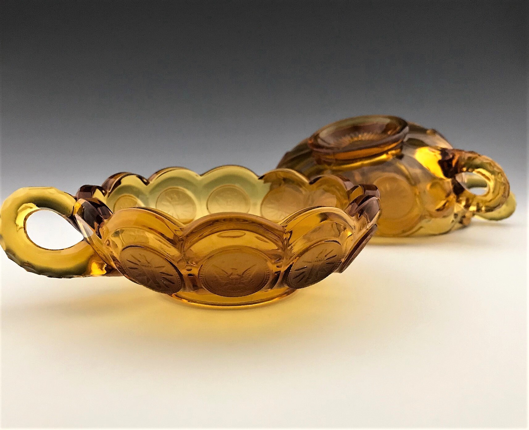Set of 3 Stunning Fostoria Coin Glass Amber Nappy Bowls Handled Bowls