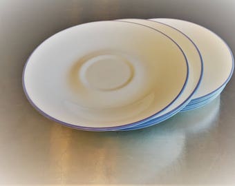 Set of 8 Vintage Corelle Saucers - Infinia Pattern - White With Blue Band
