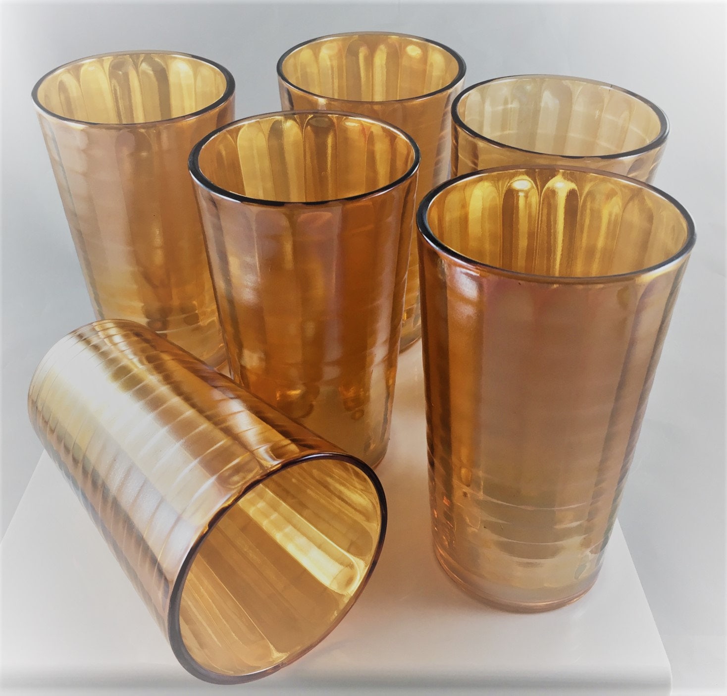 Set of 6 Vintage Carnival Glass Tumblers Glass Banded Ribs