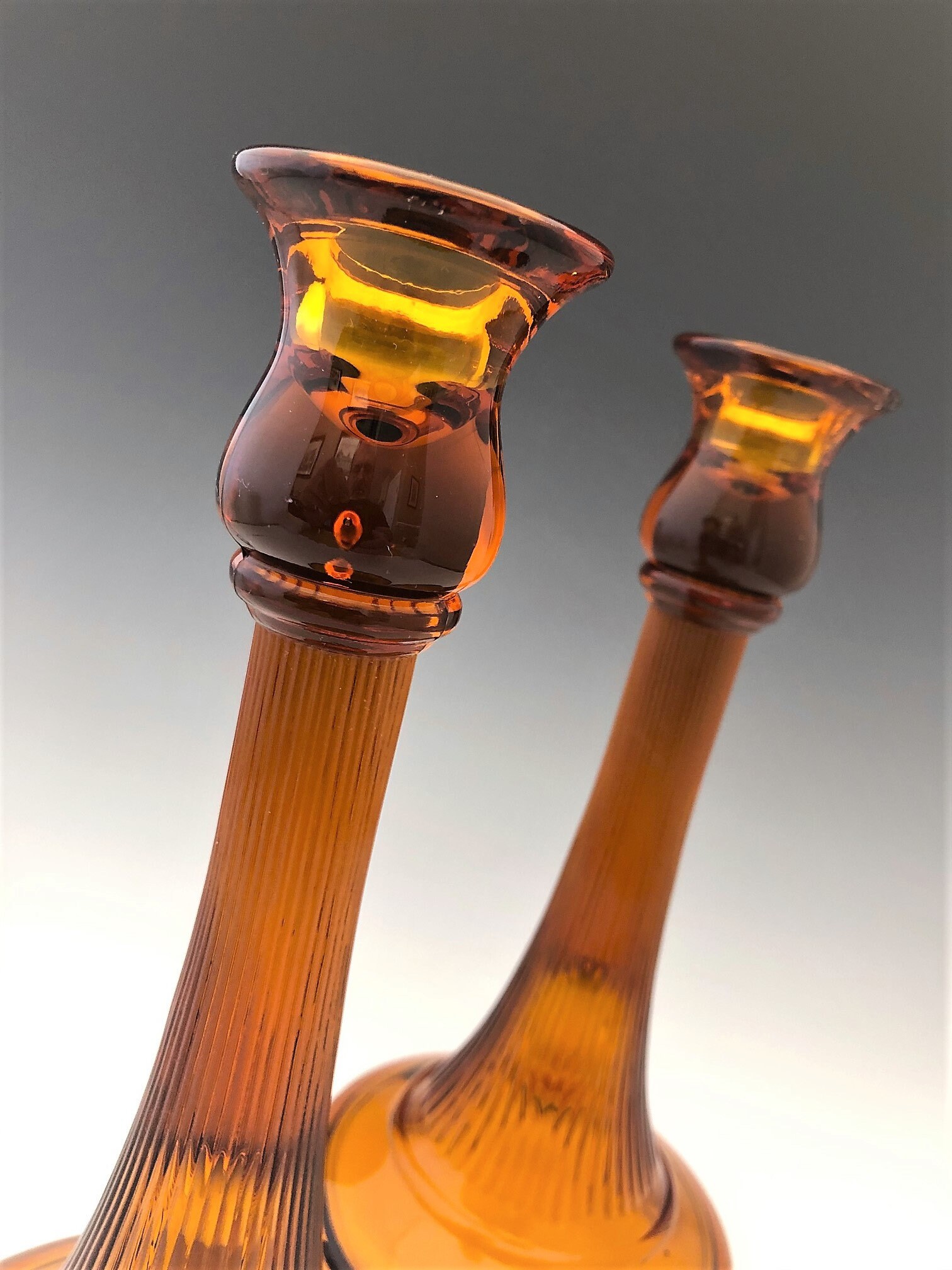 Diamond Glass 900 Adam's Rib Amber Candlesticks Set of 2