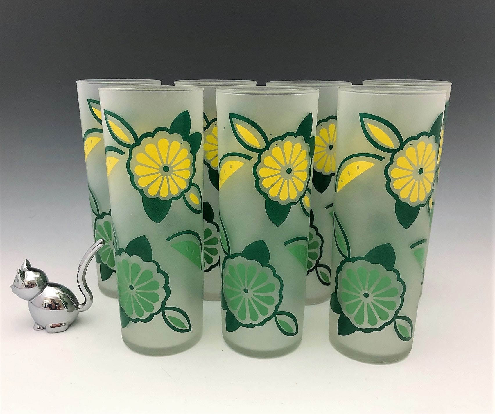 Set of 7 Federal Glass Tall Frosted Zombie Glasses Hard to Find Lemon