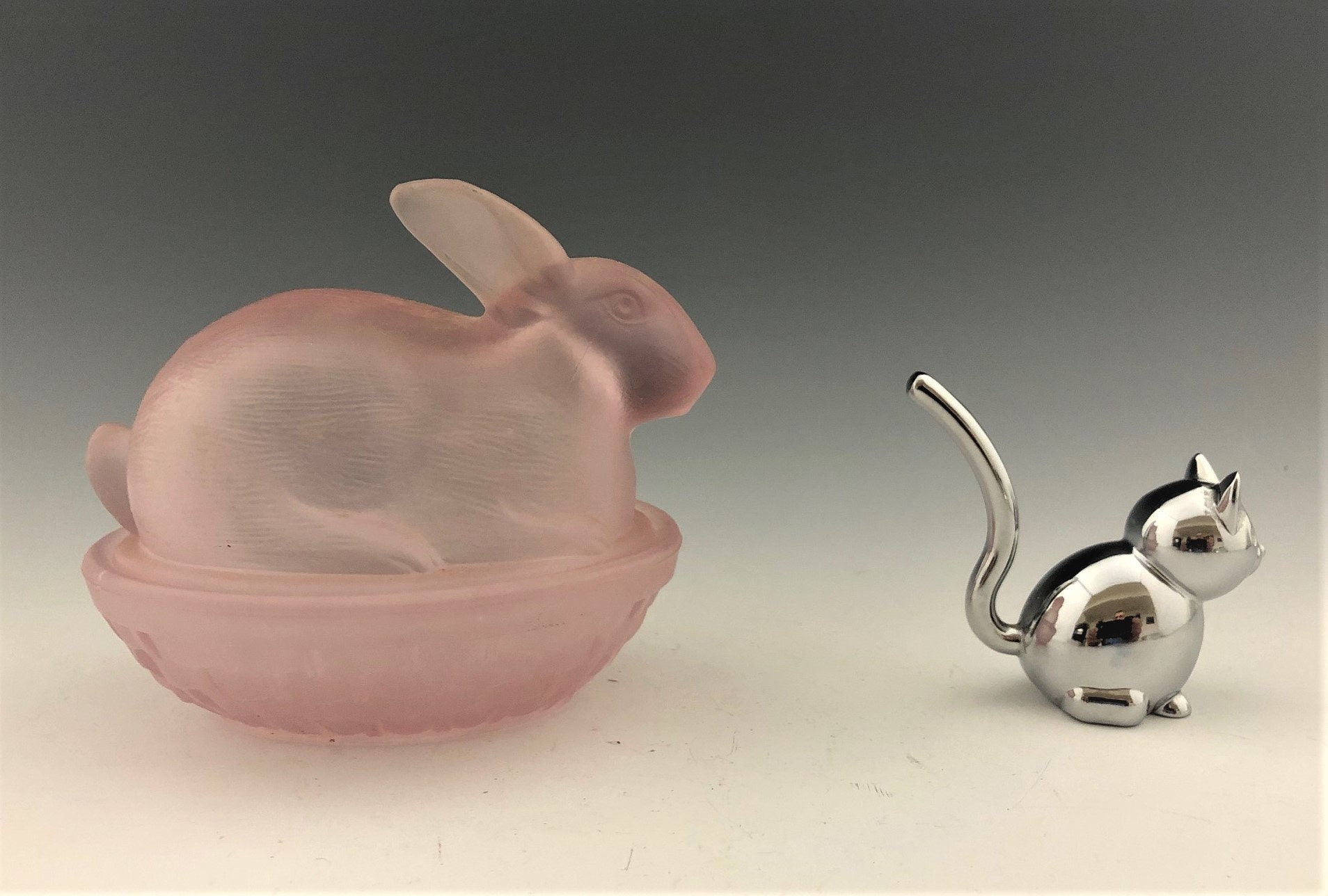 Set of Three Rabbits On Nest Bunny Covered Candy Dishes Glass