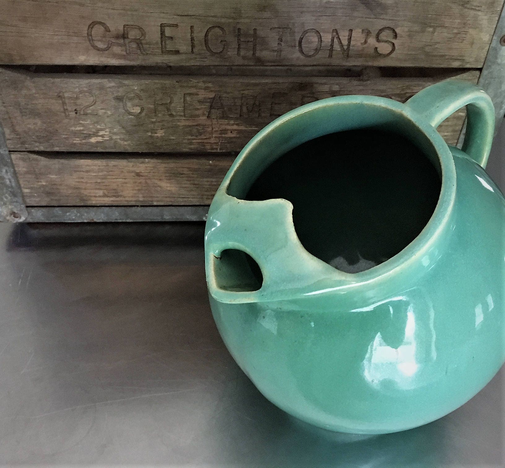 Vintage Green Ceramic Ball Jug Pitcher With Ice Lip